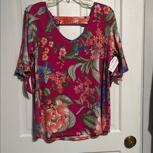 Pink Graphic Tie Front Blouse with 3/4 Sleeves